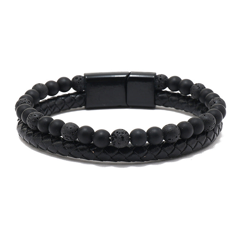 Natural Stone Alloy Leather Bracelet — Braided Magnetic Clasp Design