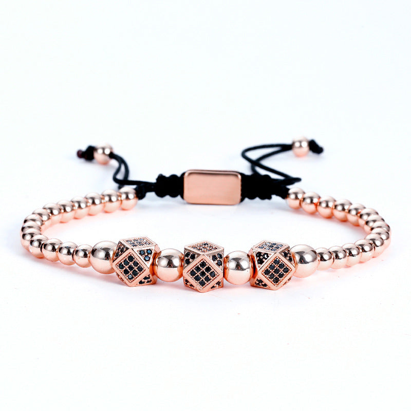 Tri-Diamond Zirconia Bracelet — Adjustable Copper Bead Design